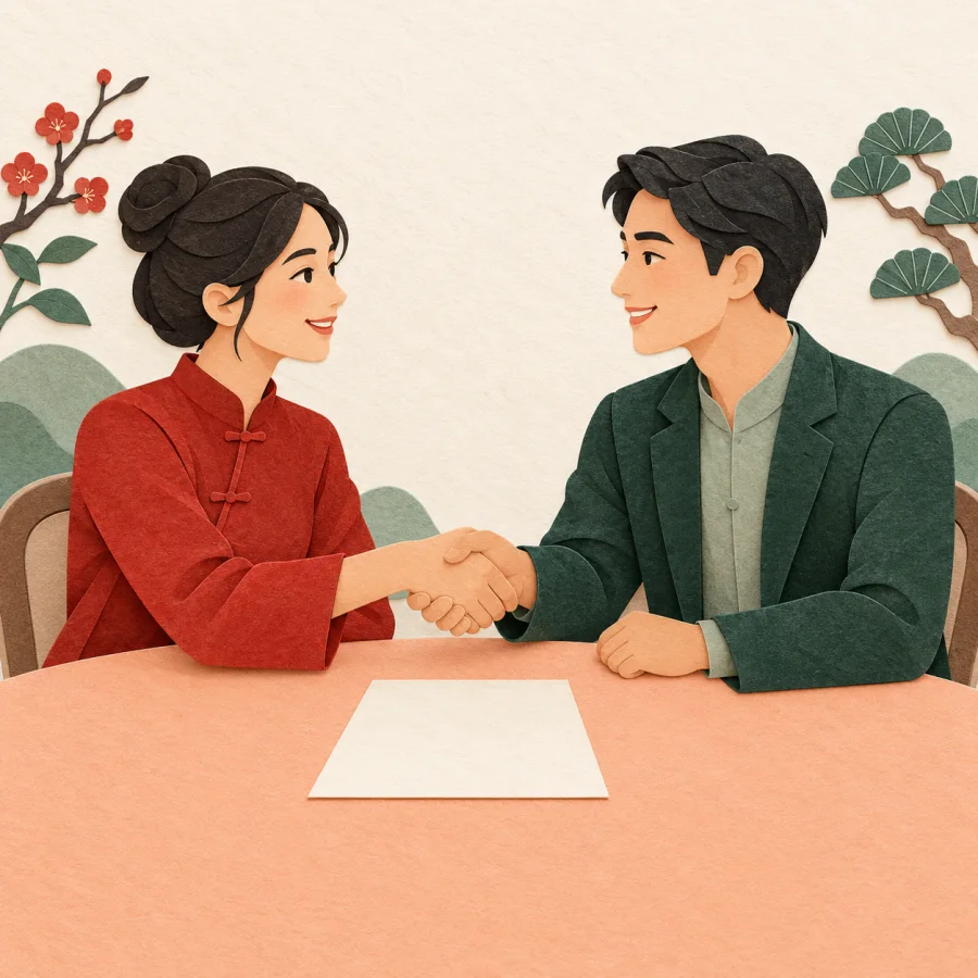 Two people shaking hands and talking at a table with a blank paper