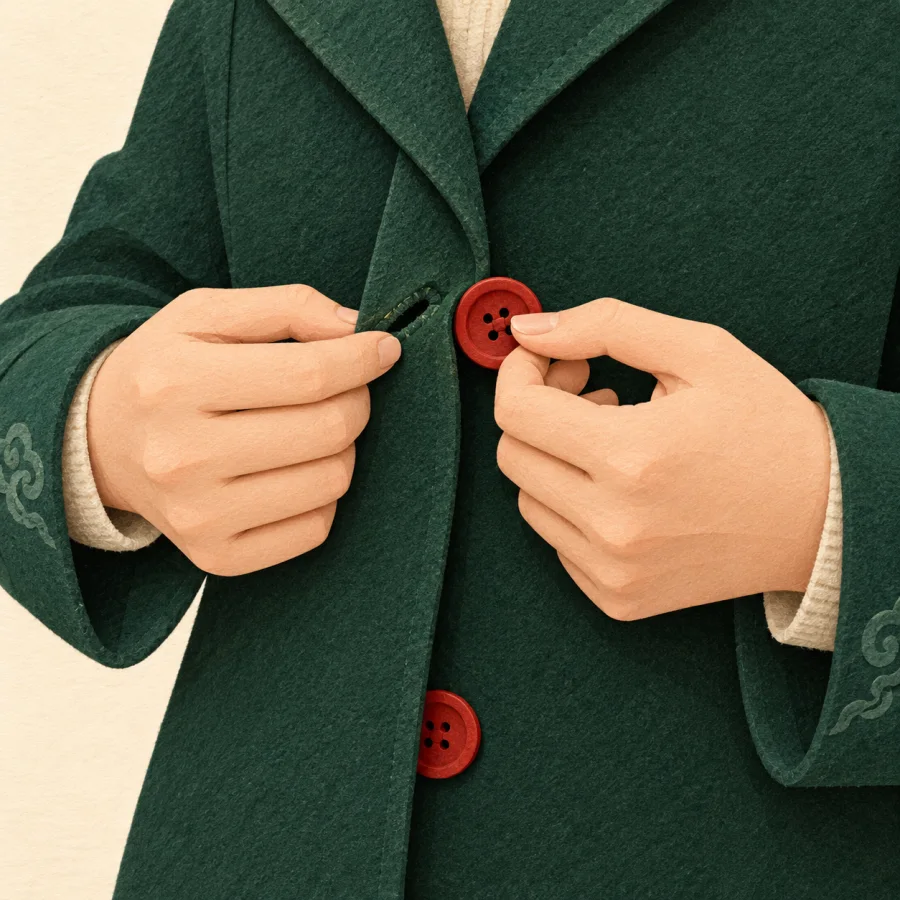 A person fastens a large button on a coat