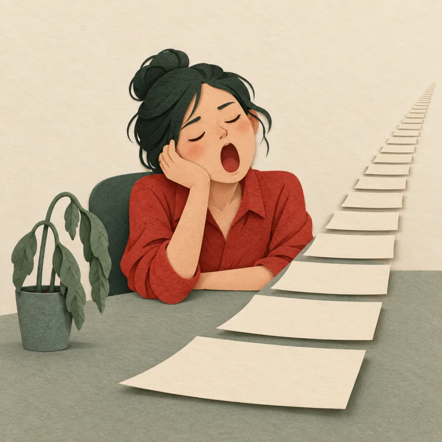 A yawning person at a desk with endless identical sheets