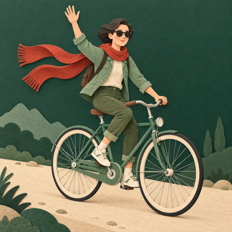 A person in sunglasses and a scarf rides a bike confidently
