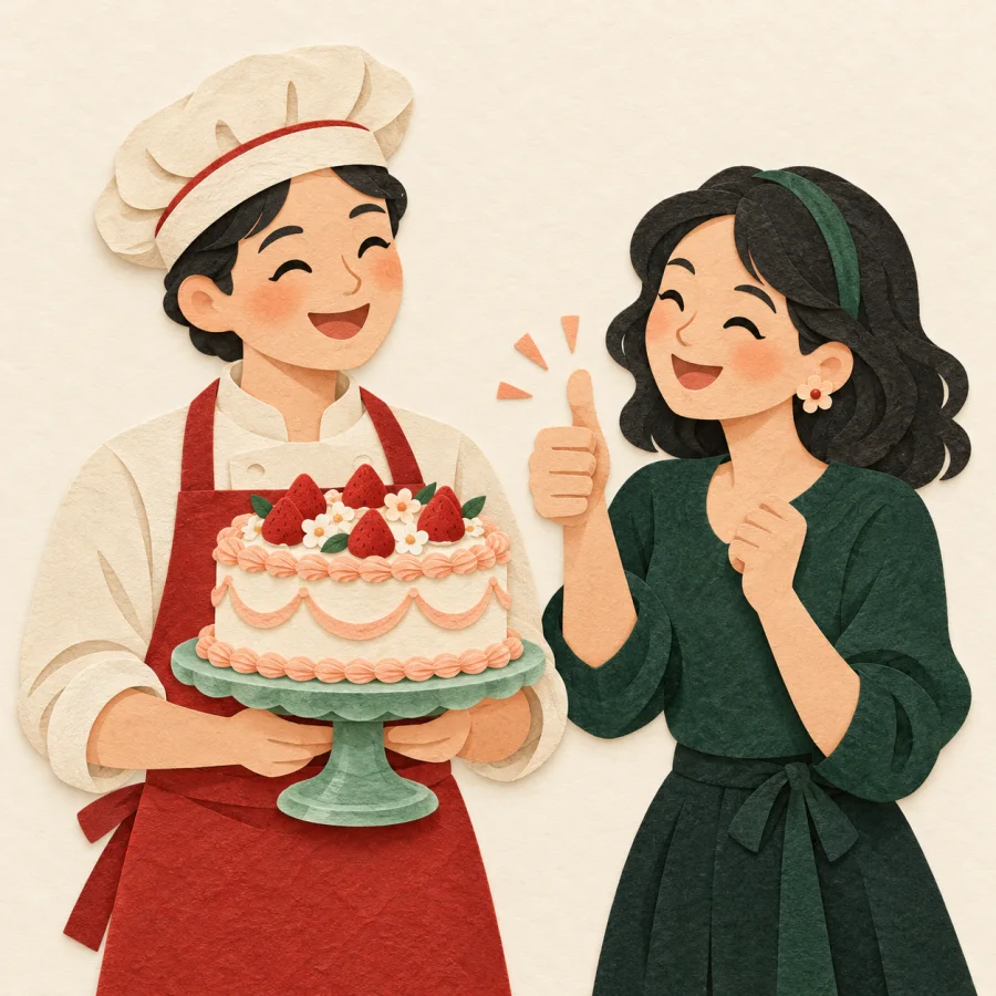 A person gives a thumbs up to someone holding a cake