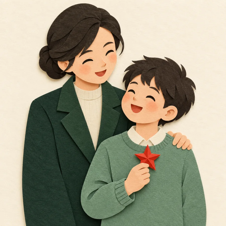 A smiling teacher pats a student's shoulder beside a red star