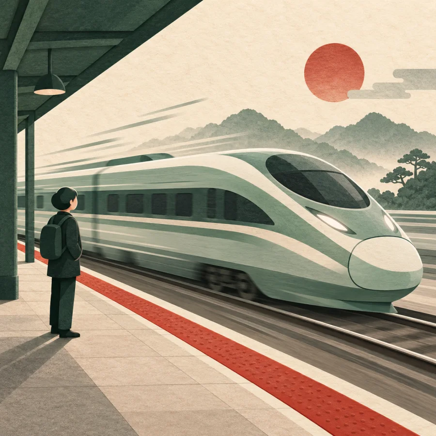 A green train speeds past a platform with one passenger
