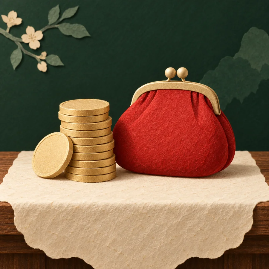 A stack of coins beside a red purse on a table