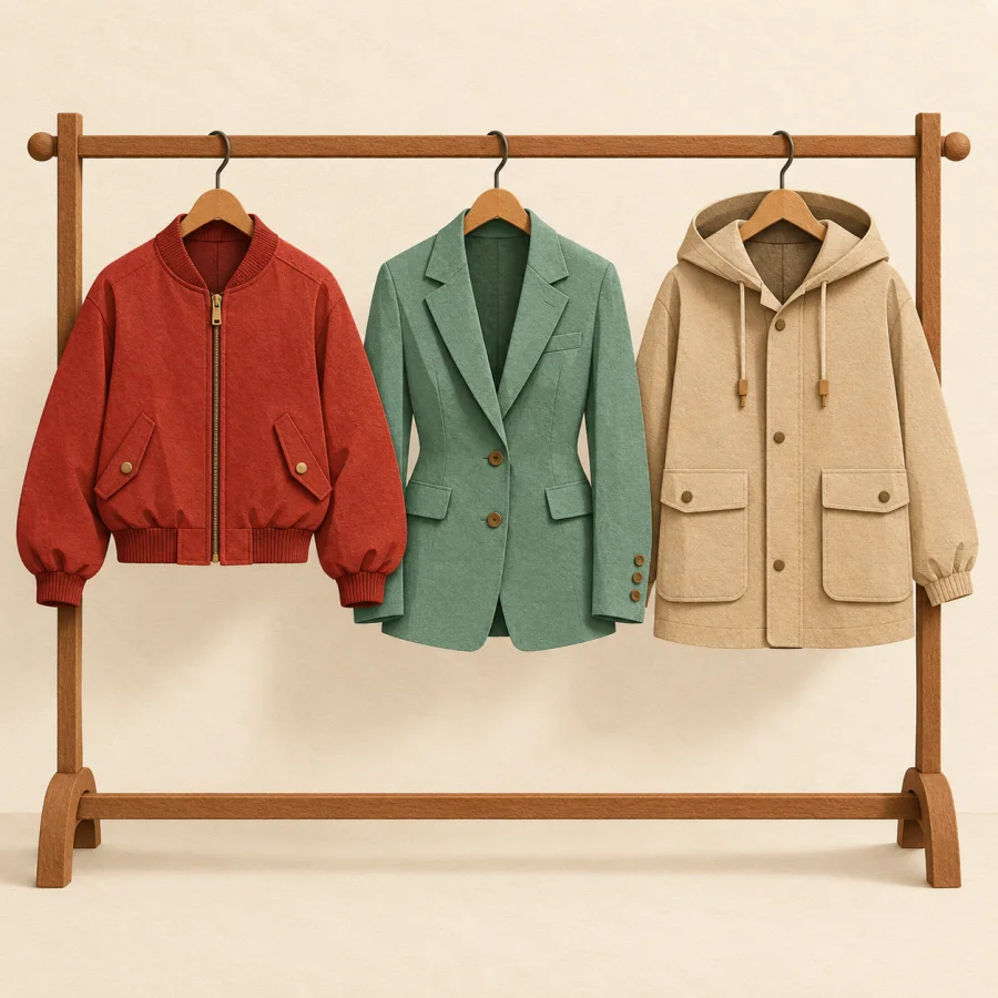 Three jackets of different designs hang on a rack