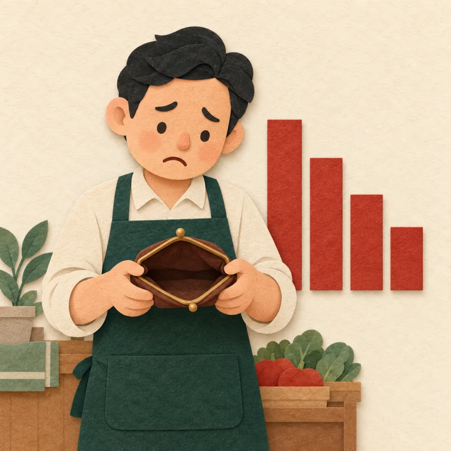 A worried shopkeeper with an empty purse beside a falling chart