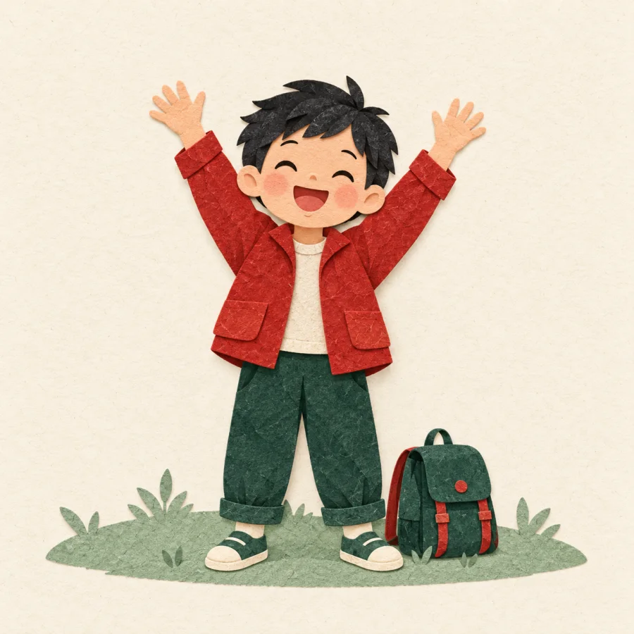 A joyful child throws arms up beside a school bag