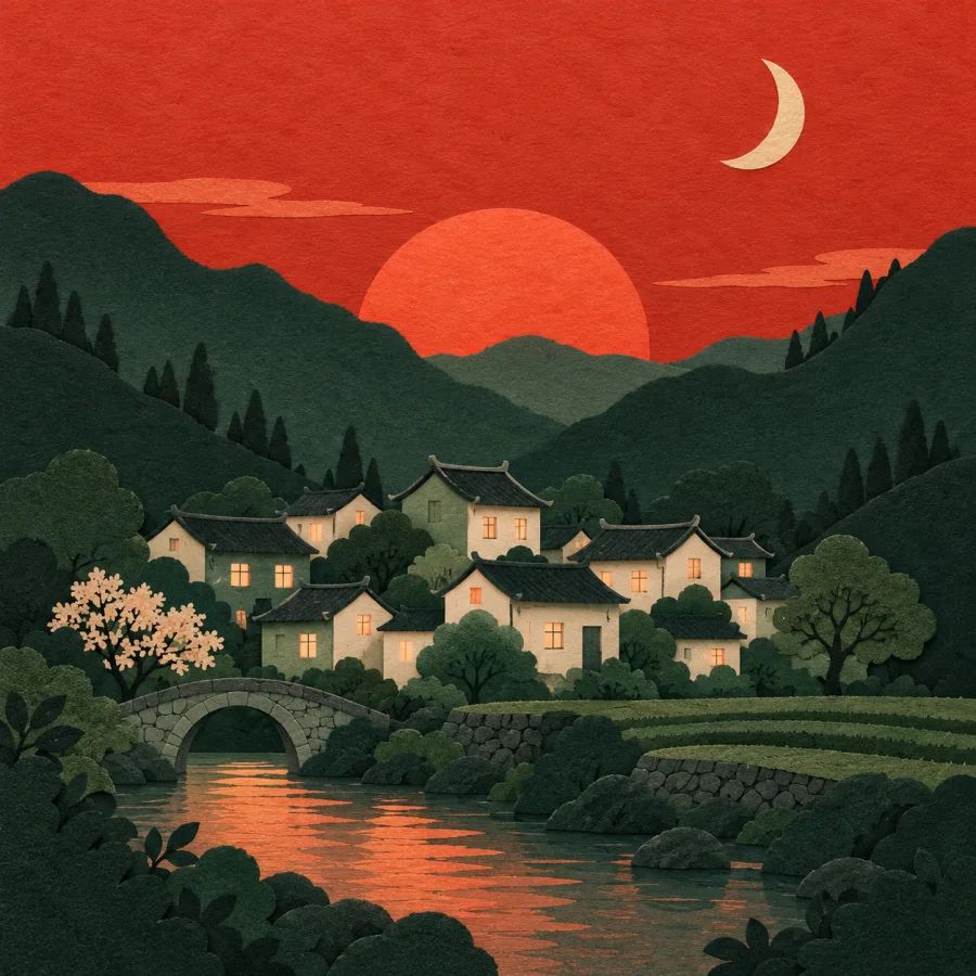 A village at dusk with a red sunset and lit windows
