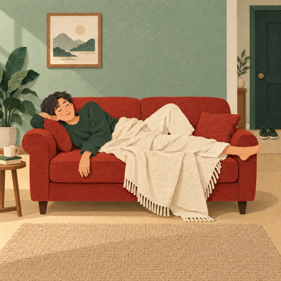 A person sprawls on a sofa under a blanket