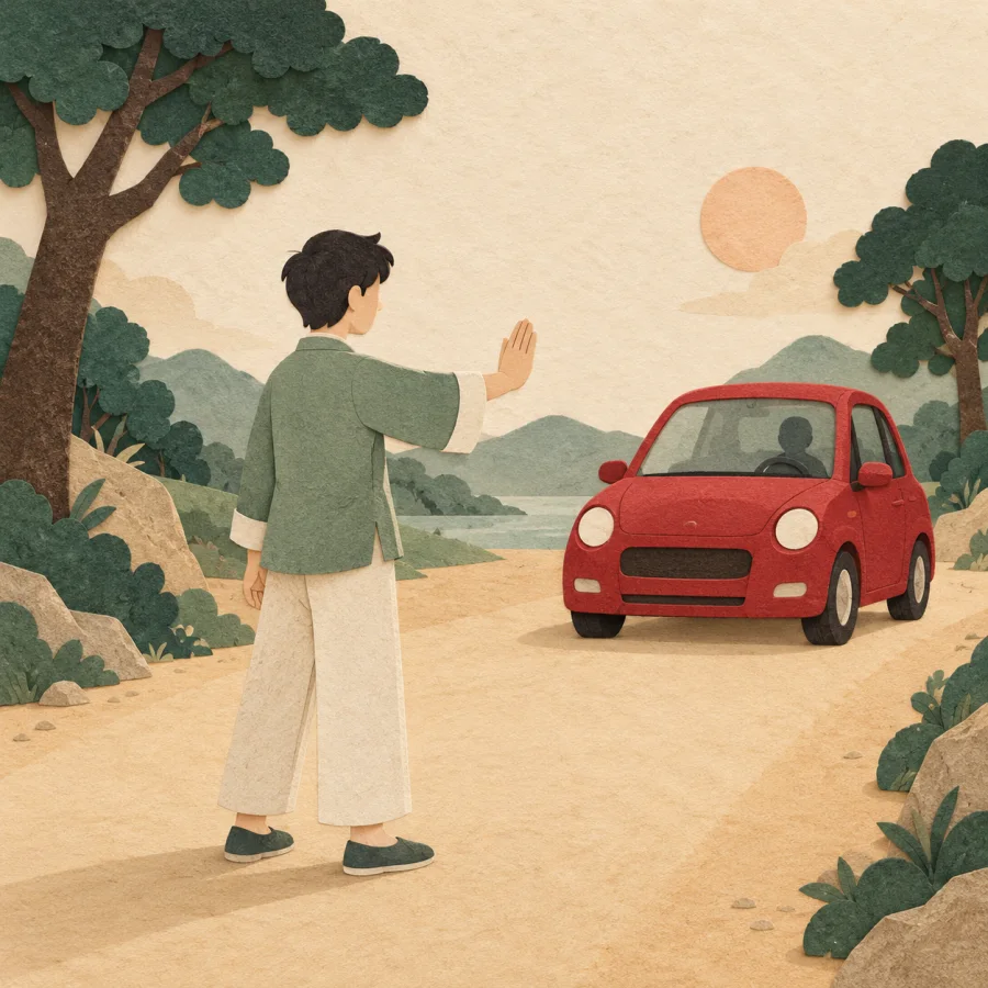 A person in the road stops a car with a raised palm