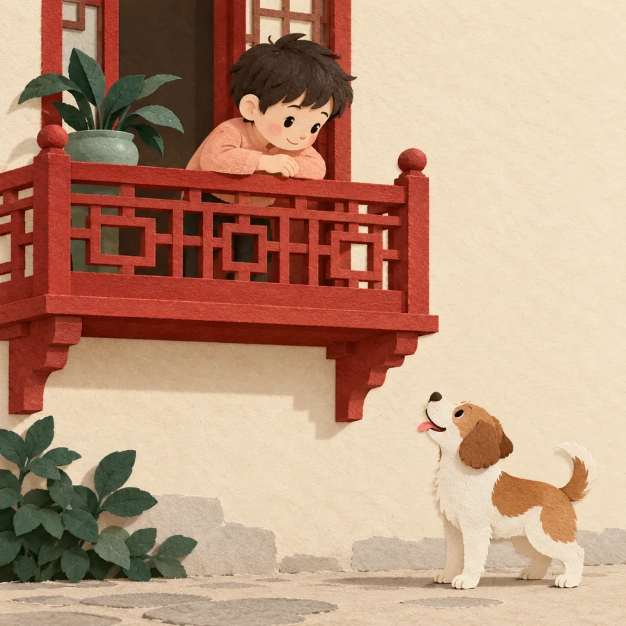 A child leans on a red balcony railing looking down
