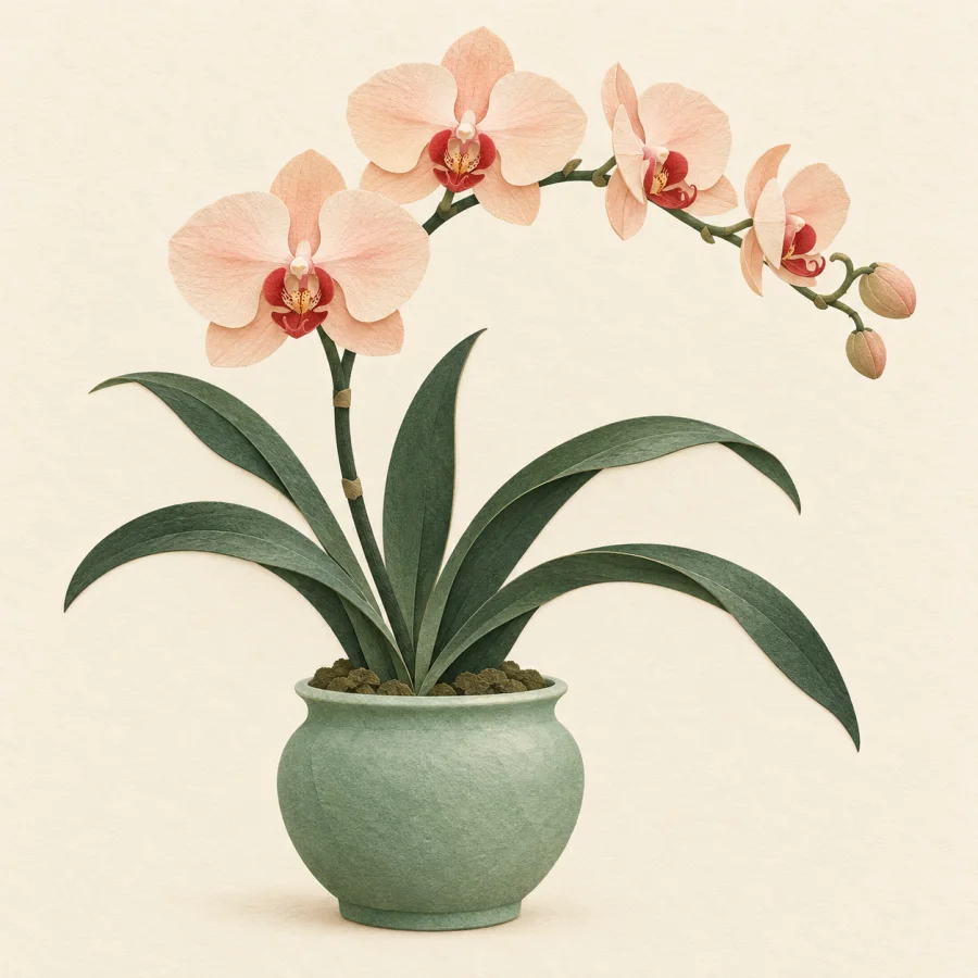 A blooming orchid in a green pot