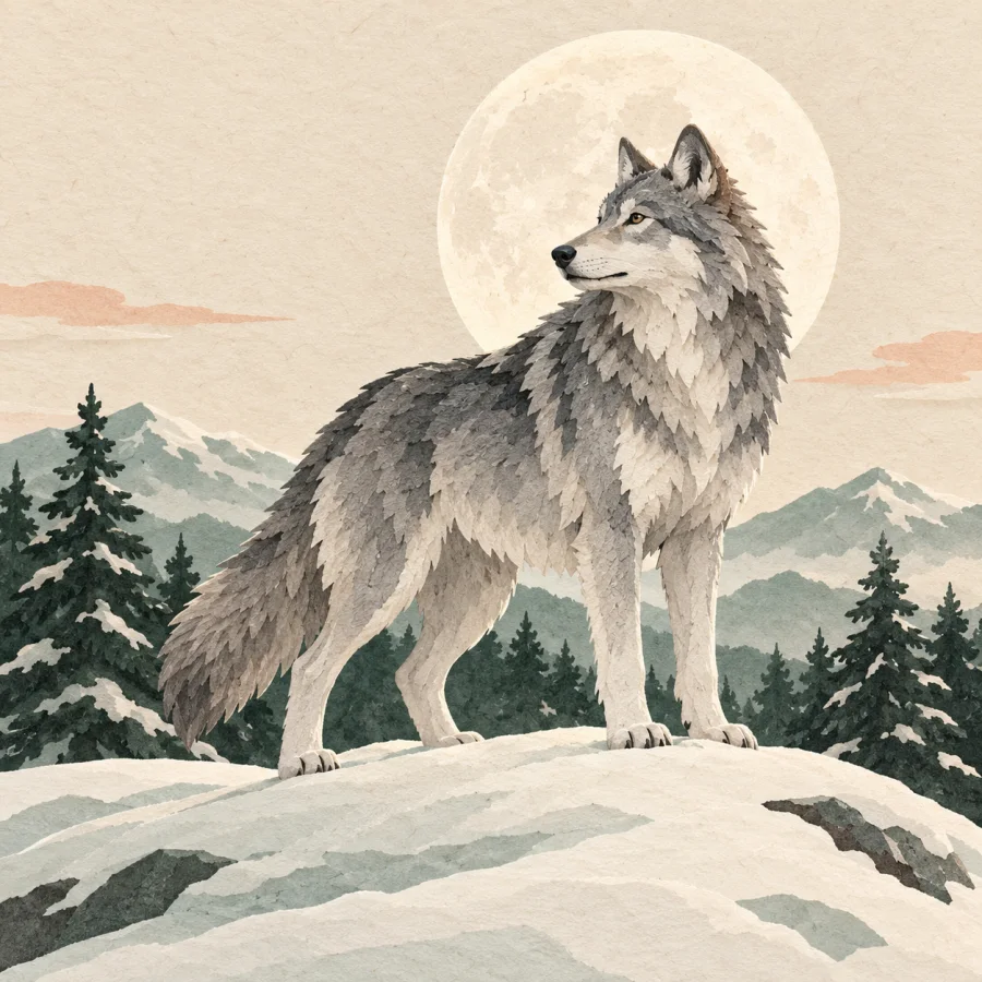 A grey wolf stands on snow under a pale moon