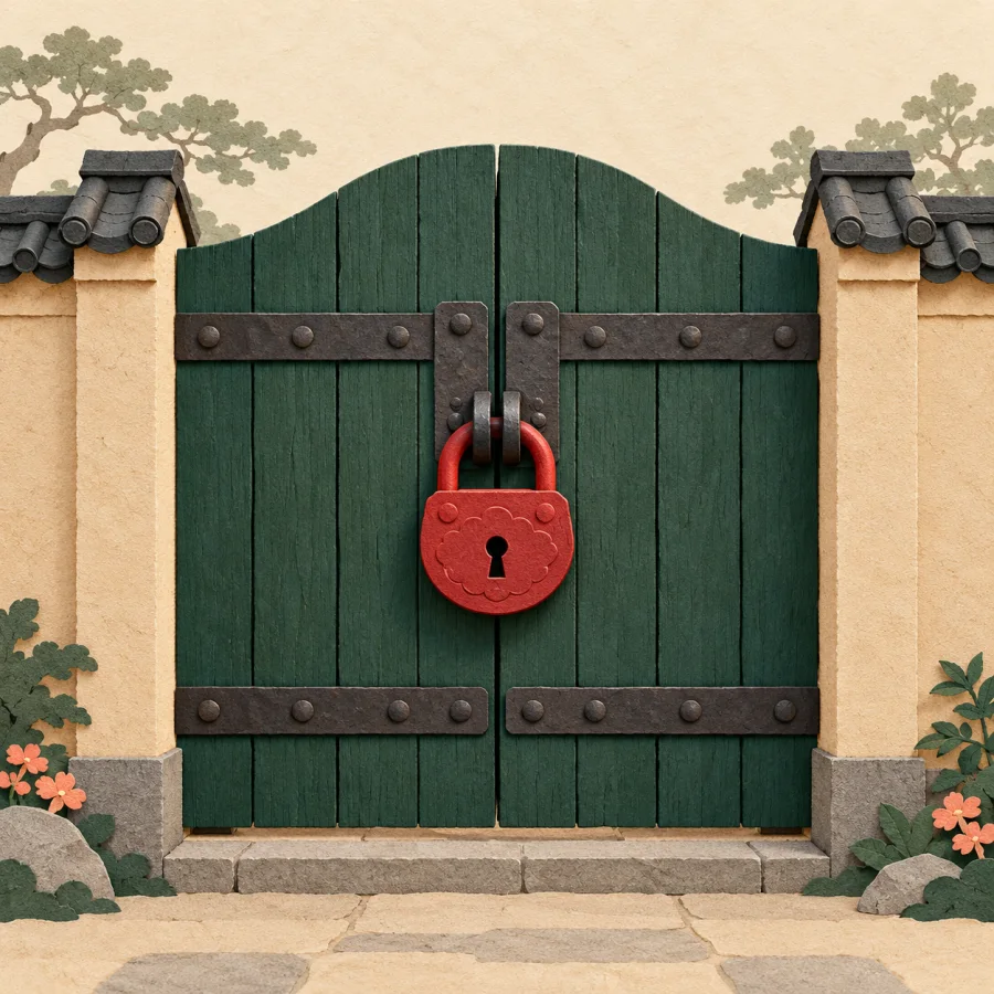 A heavy red padlock on a thick wooden gate