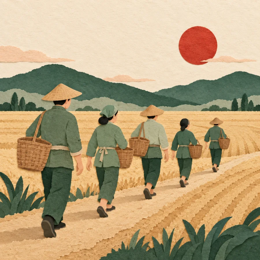 A line of workers with baskets walks toward a field