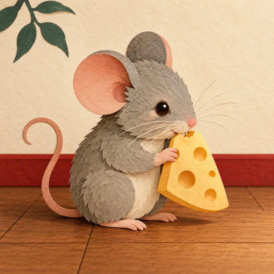 A small mouse nibbles a piece of cheese
