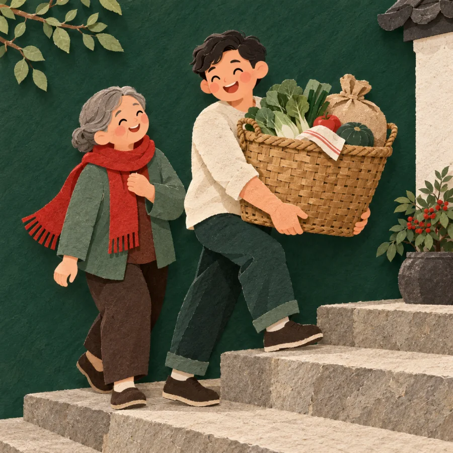 A smiling person carries a neighbour's heavy basket upstairs