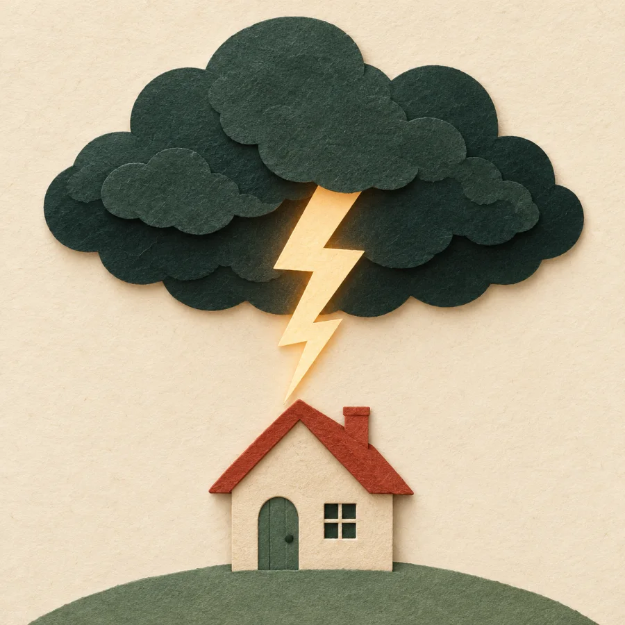 A dark storm cloud with lightning over a small house