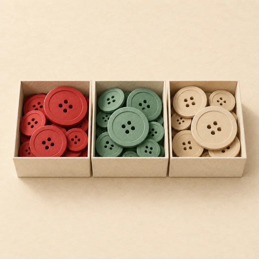 Buttons of different colors sorted into small boxes