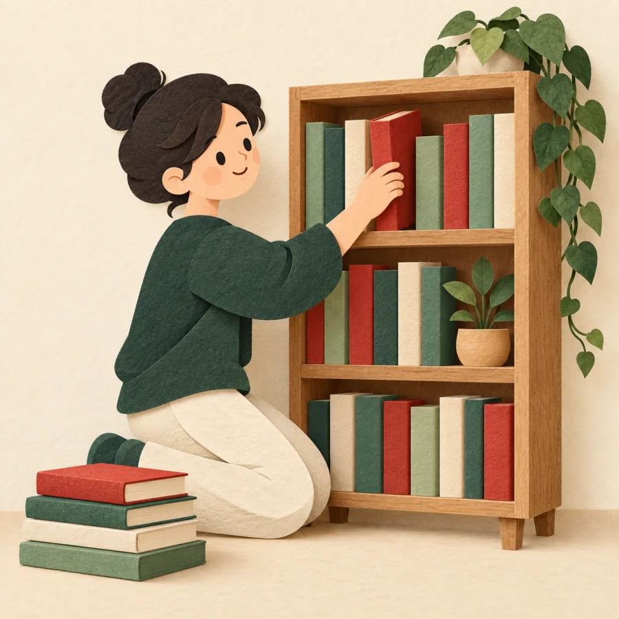 A person neatly arranges colorful books on a shelf