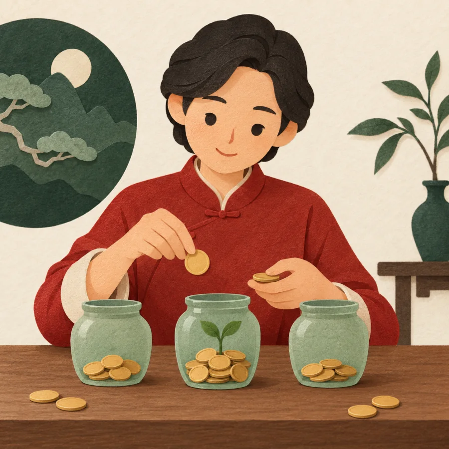 A person sorts coins into three jars