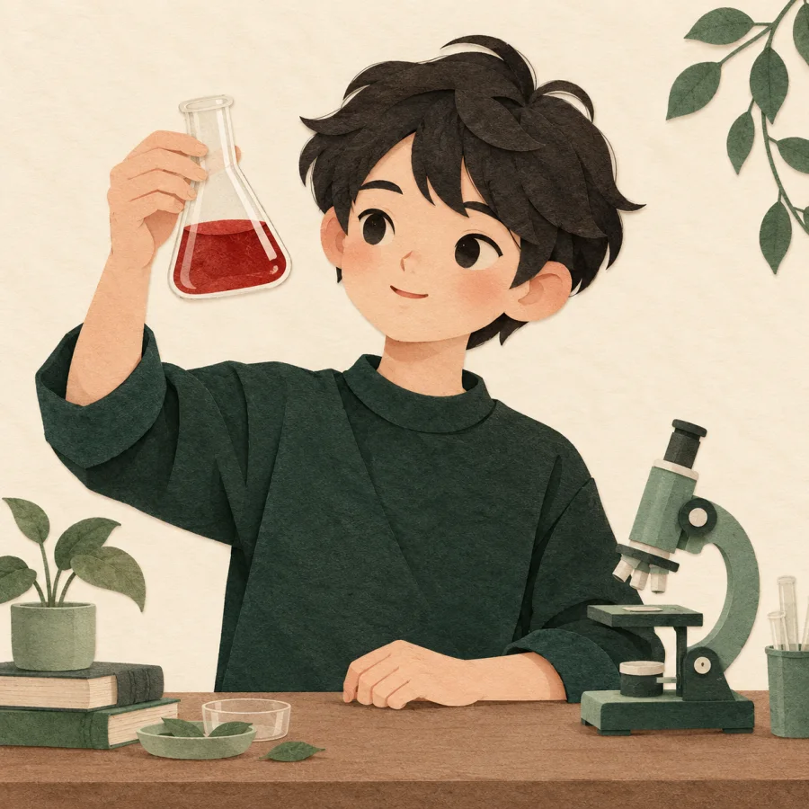 A student holds a flask of red liquid by a microscope