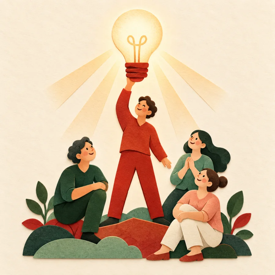 A person holds up a big lightbulb above a small team