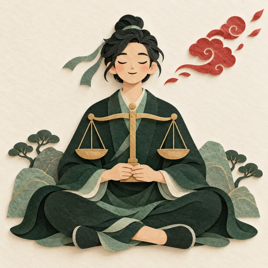 A calm person holds scales as red swirls drift away