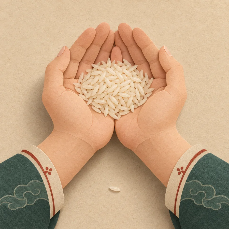 Cupped hands hold a few grains of rice