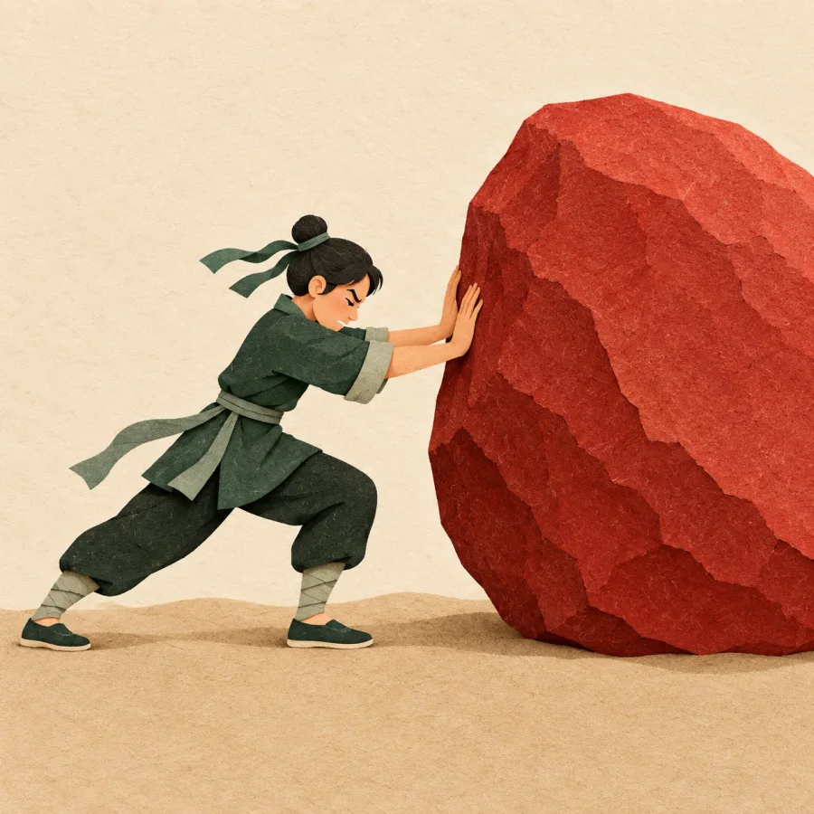 A person pushes hard against a heavy red boulder