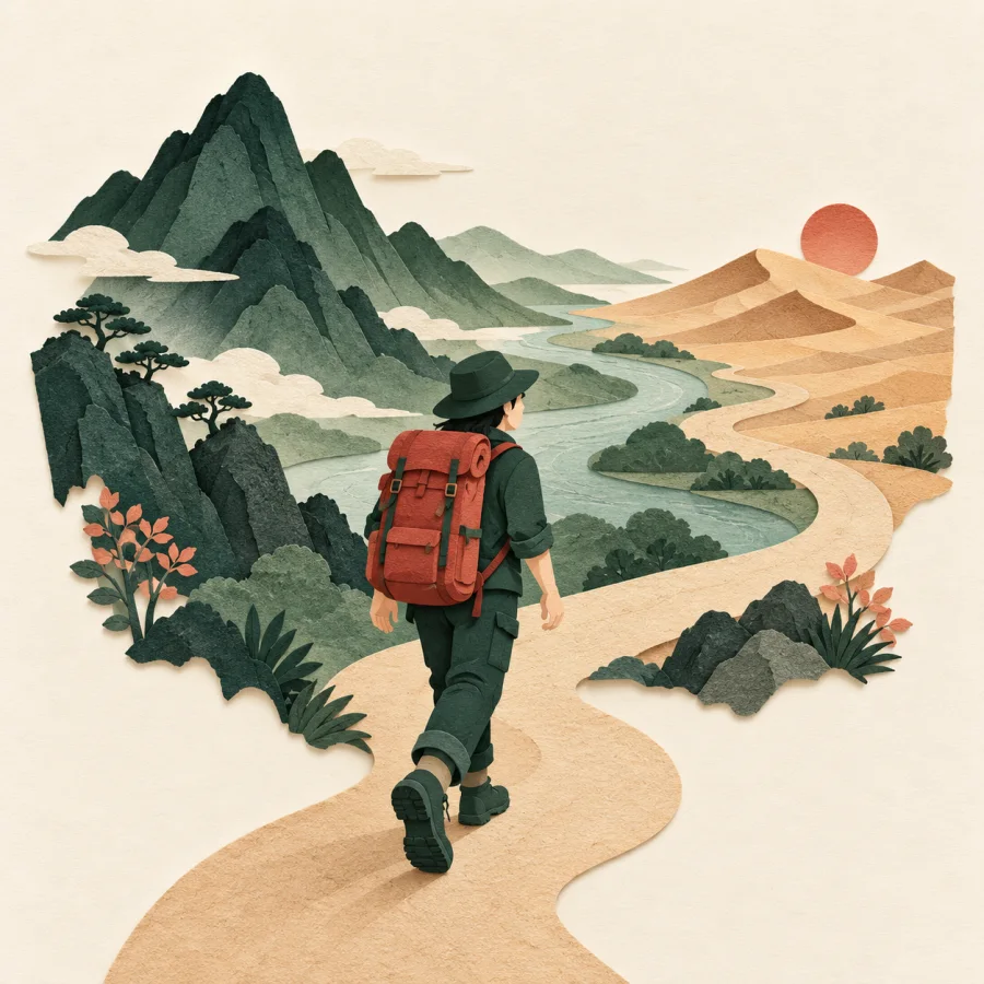 A traveler walks a path past mountains, a river and a desert