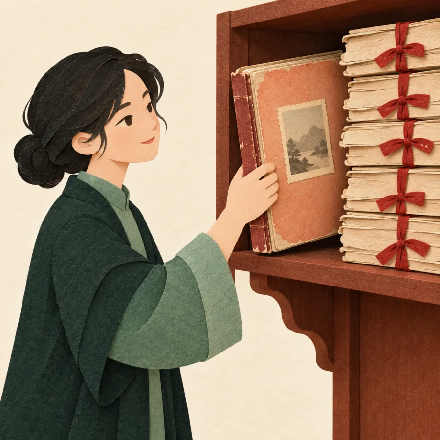 A person takes an old album from a shelf beside stacked folders