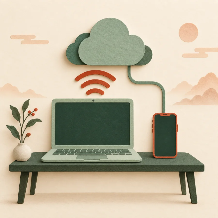A laptop linked by waves to a cloud and a phone