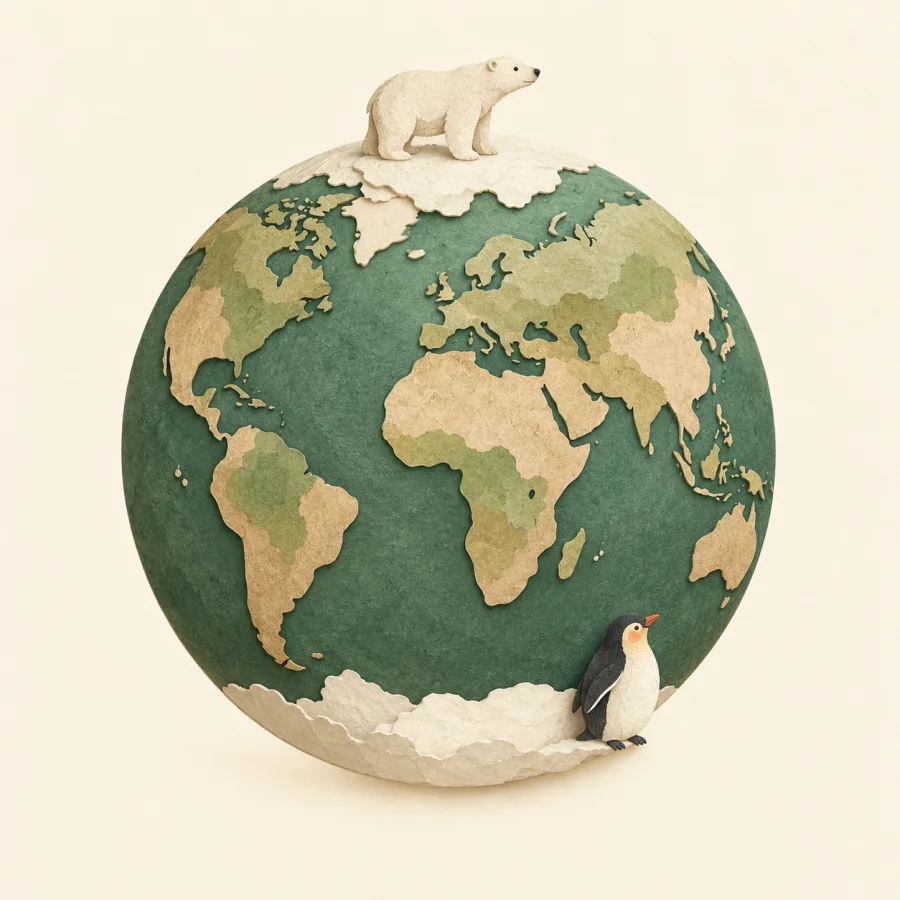 A globe with icy caps, a polar bear and a penguin