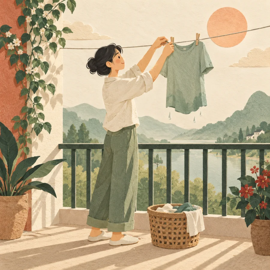 A person hangs a wet shirt on a balcony clothesline