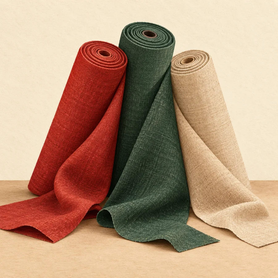 Rolls of cloth in different colors on a table