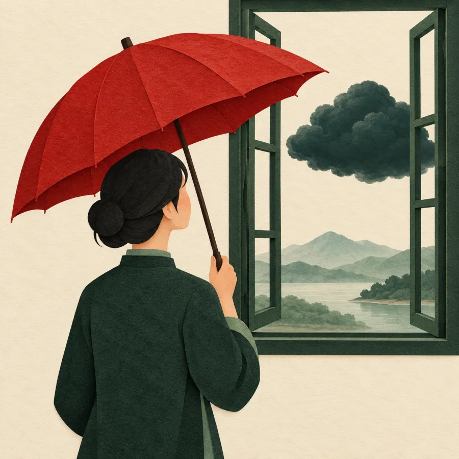 A person at a window with an umbrella eyes a dark cloud