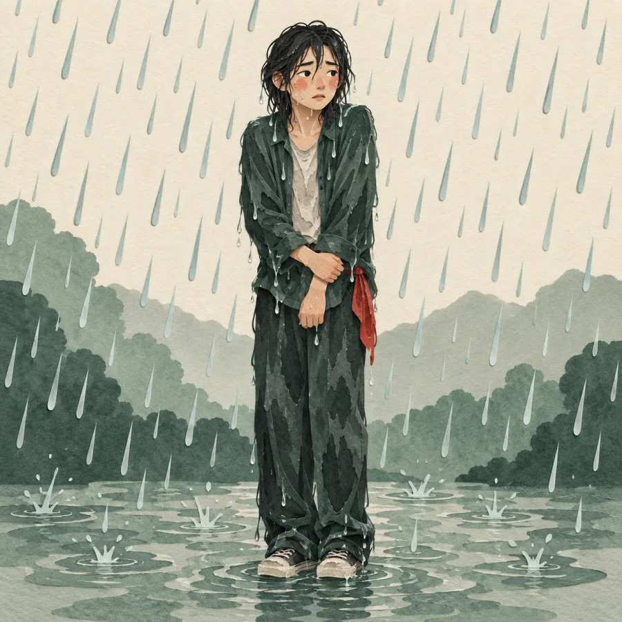 A person without an umbrella stands in heavy rain