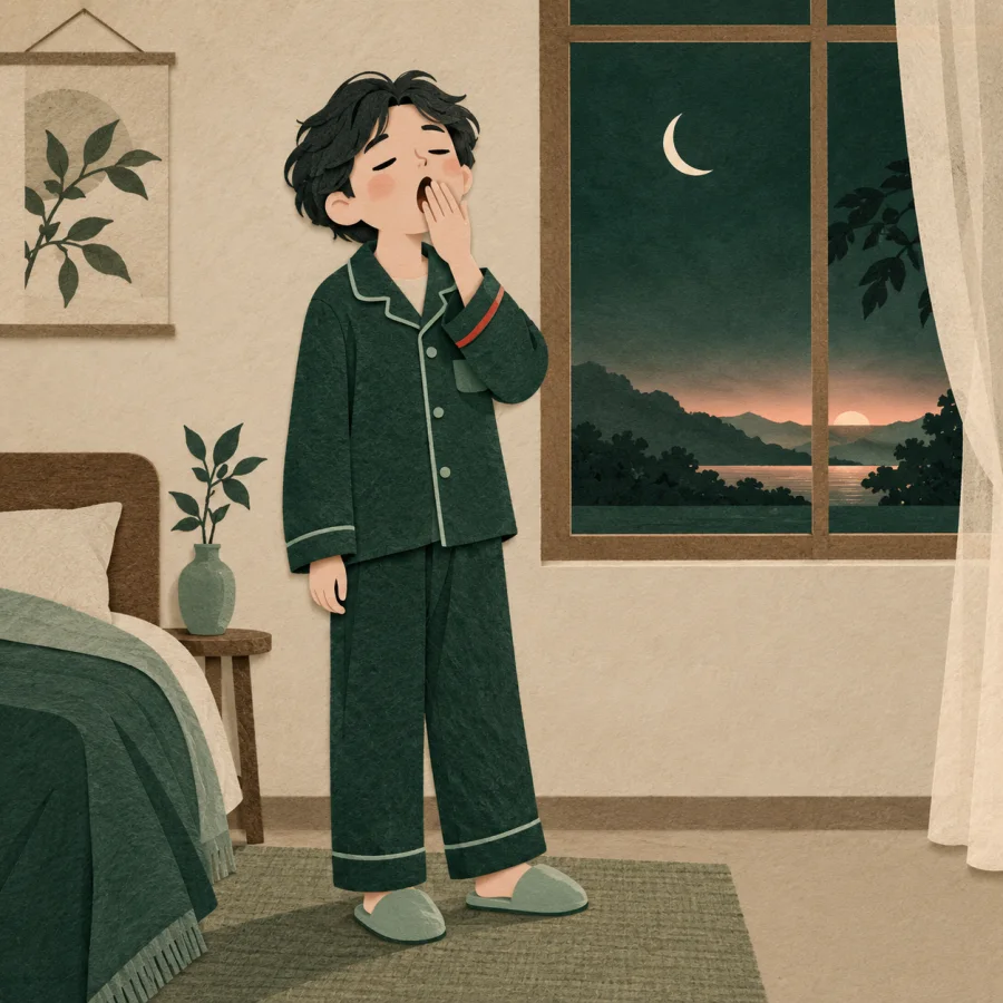 A sleepy person at a window under a moon and faint dawn