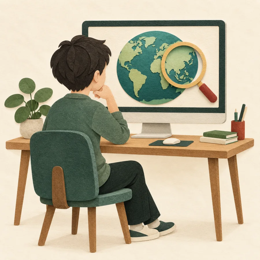 A person at a desk looks at a screen with a globe