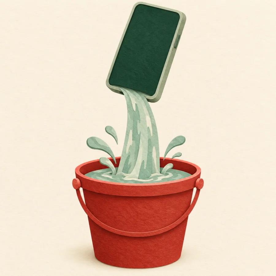A stream of water pours from a phone into a bucket