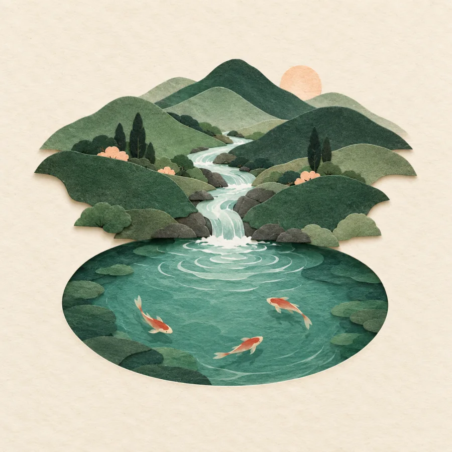 A stream runs down from hills into a round lake