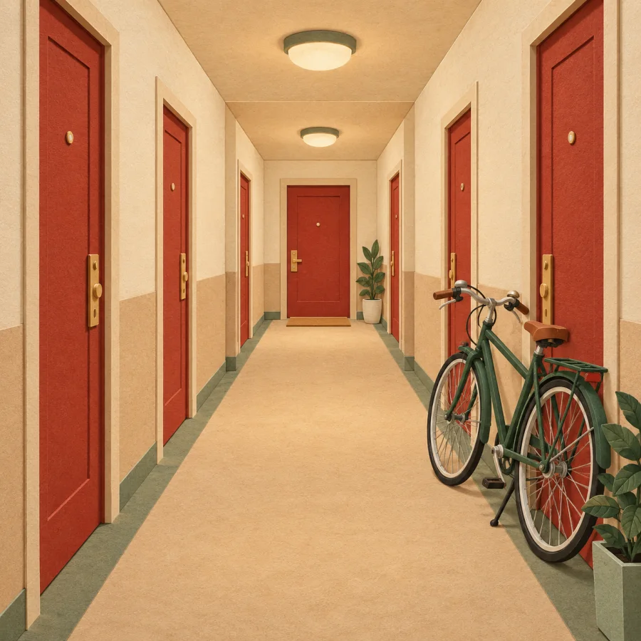 A long hallway with doors and a bicycle by the wall