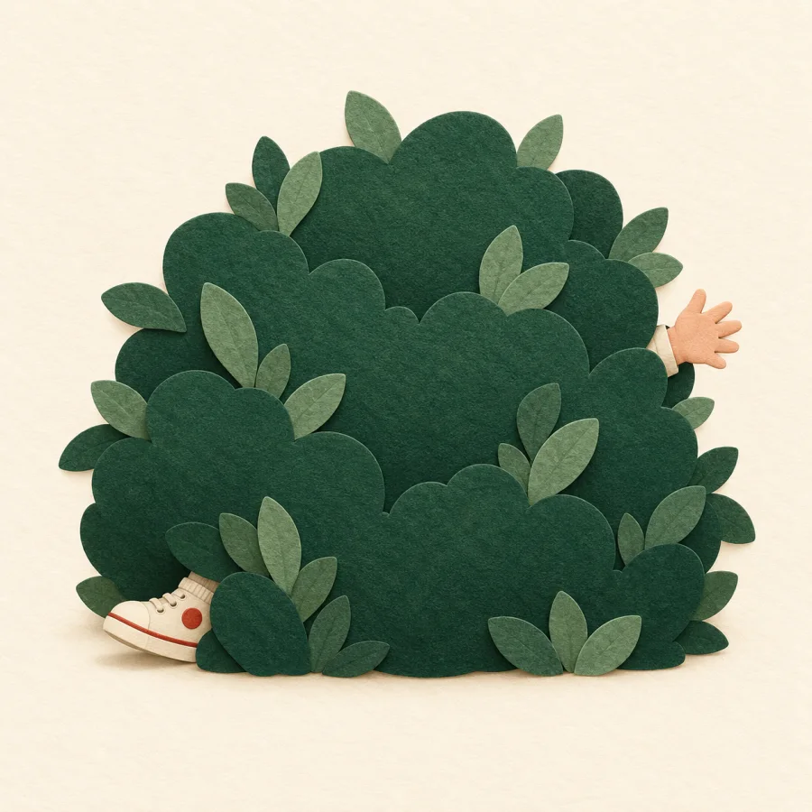 A child hides behind a bush with a sneaker and hand showing