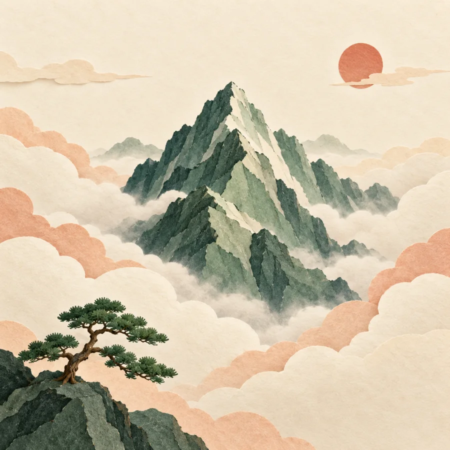 A mountain peak emerges from parting clouds