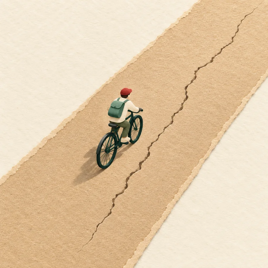 A bicycle rides on a smooth road with one crack