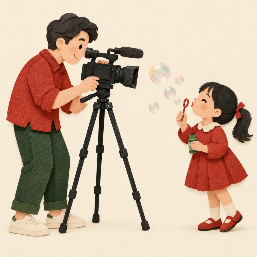 A person films a child blowing bubbles with a camera