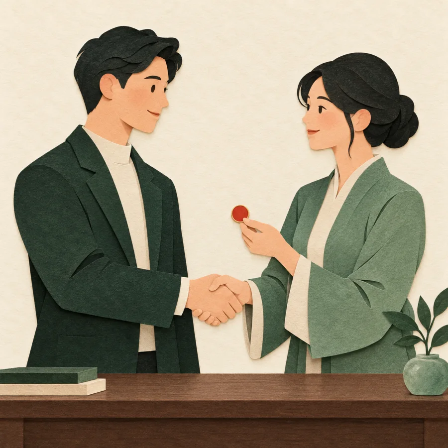 Two people shake hands across a desk, one gets a badge