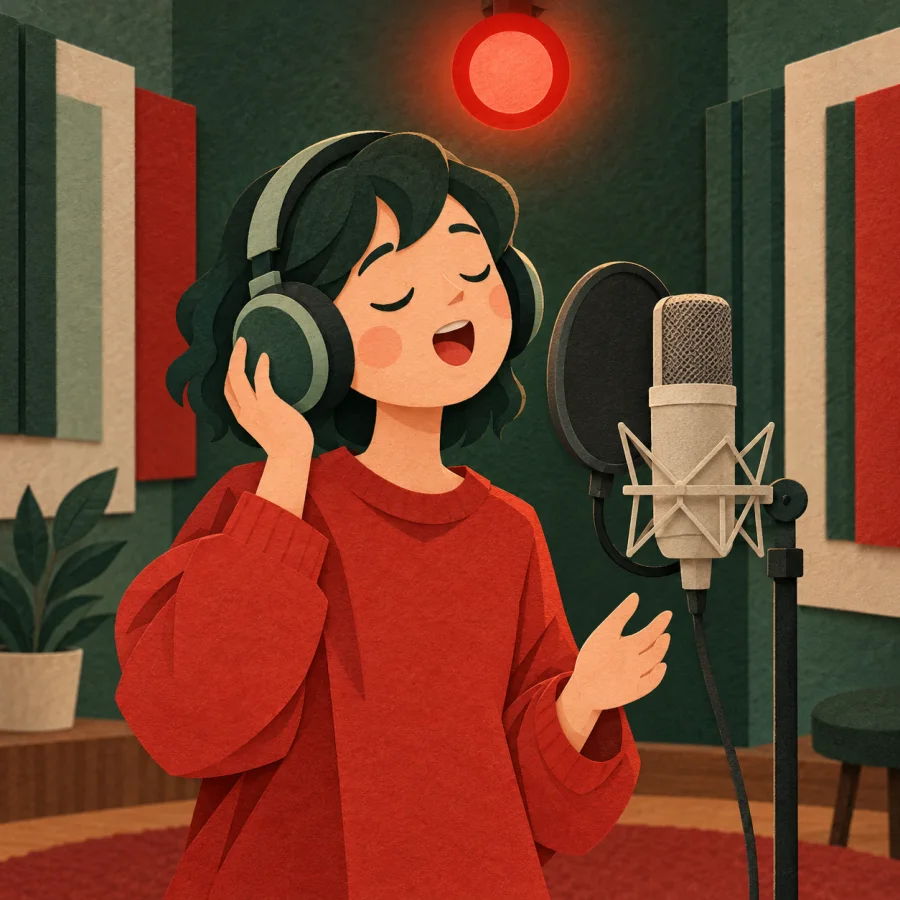 A singer in headphones at a studio microphone