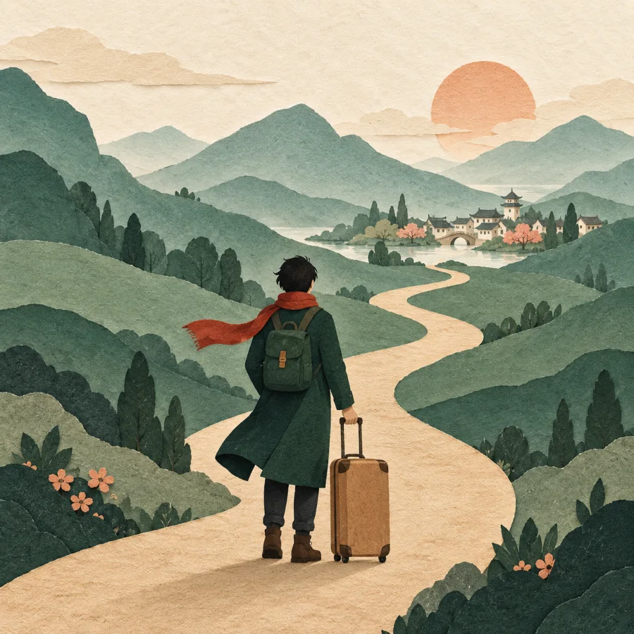 A traveler with a suitcase at the start of a long path
